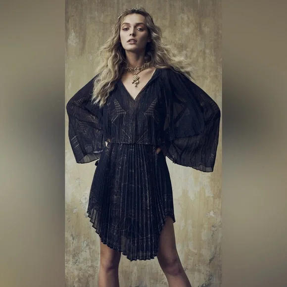 CAMILLA *Cobra King* black pleated double layer 2 pc Egyptian print dress top S - Picture 1 of 14